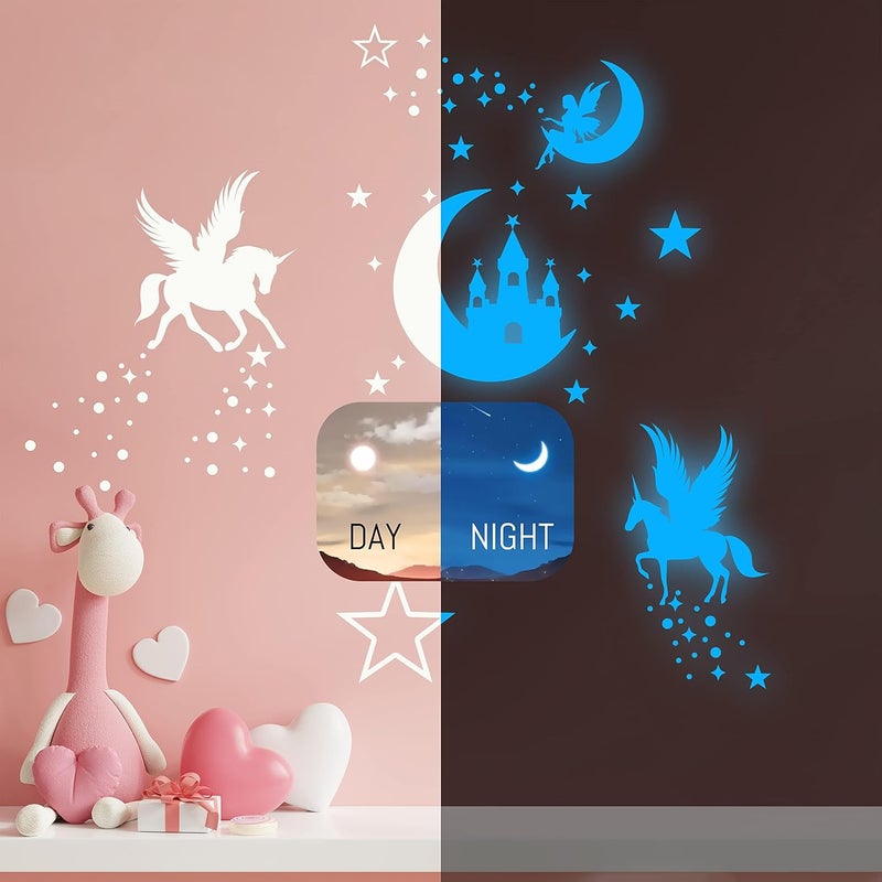 Robmoda Glow in The Dark Unicorn Wall Decal Sticker, Cute Fairy Girl Bedroom Star Decoration, Glowing Moon Castle Ceiling Decor for Nursery Room - Image 3